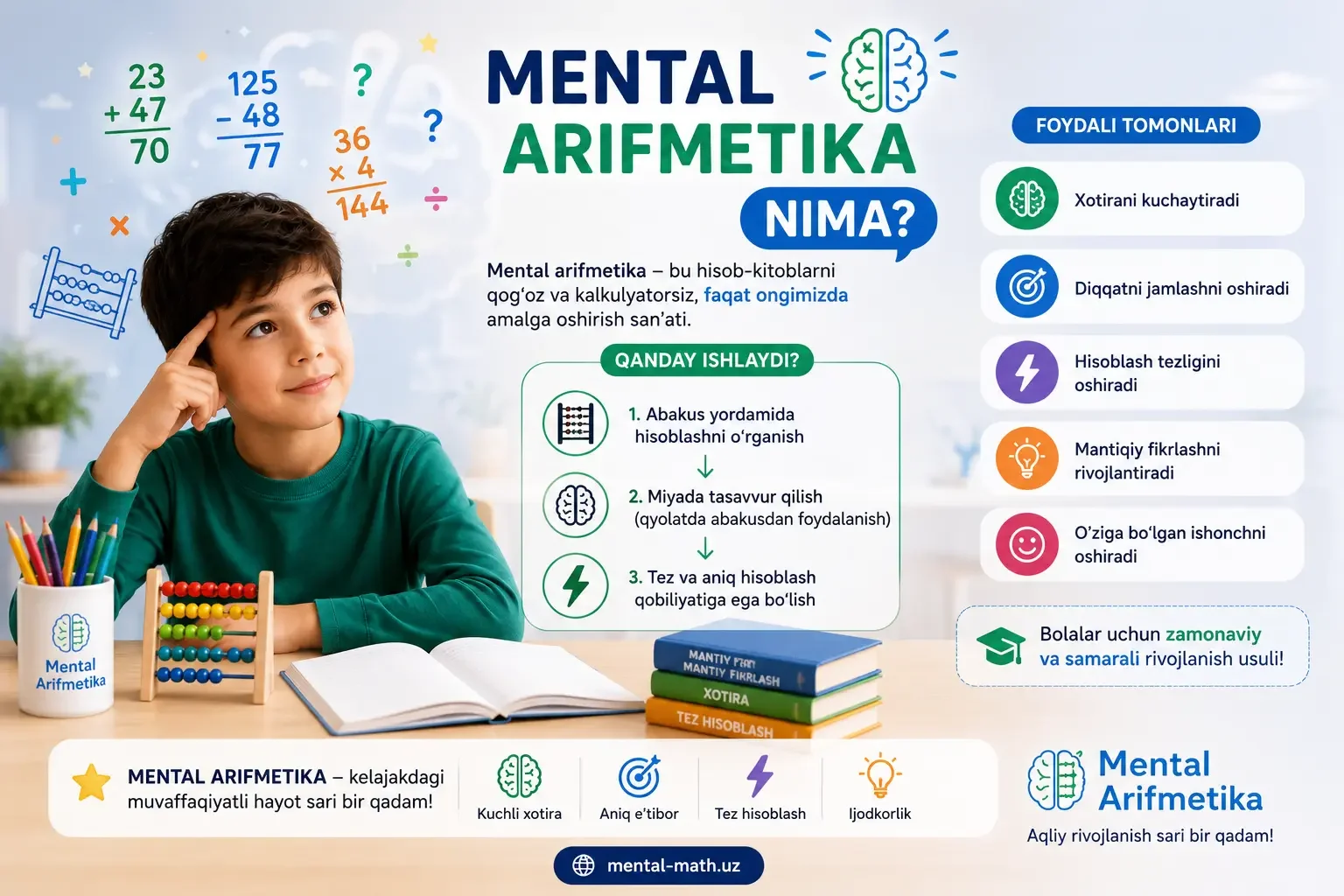Bola xayoliy abakusda mental arifmetika mashqini bajarmoqda